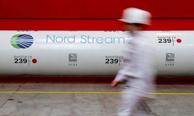 FILE PHOTO: The logo of the Nord Stream 2 gas pipeline project is seen on a pipe at the Chelyabinsk pipe rolling plant in Chelyabinsk, Russia