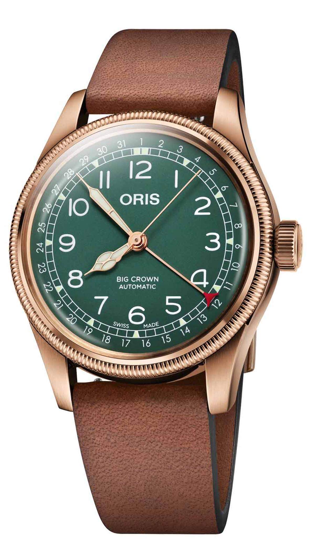 Oris „Big Crown Pointer Date“. Anlässlich des 80. Geburtstags dieses Modells lanciert der Schweizer Hersteller nun eine Bronze-Version der „Big Crown Pointer Date“ mit dem für Oris charakteristischen Zeigerdatum.