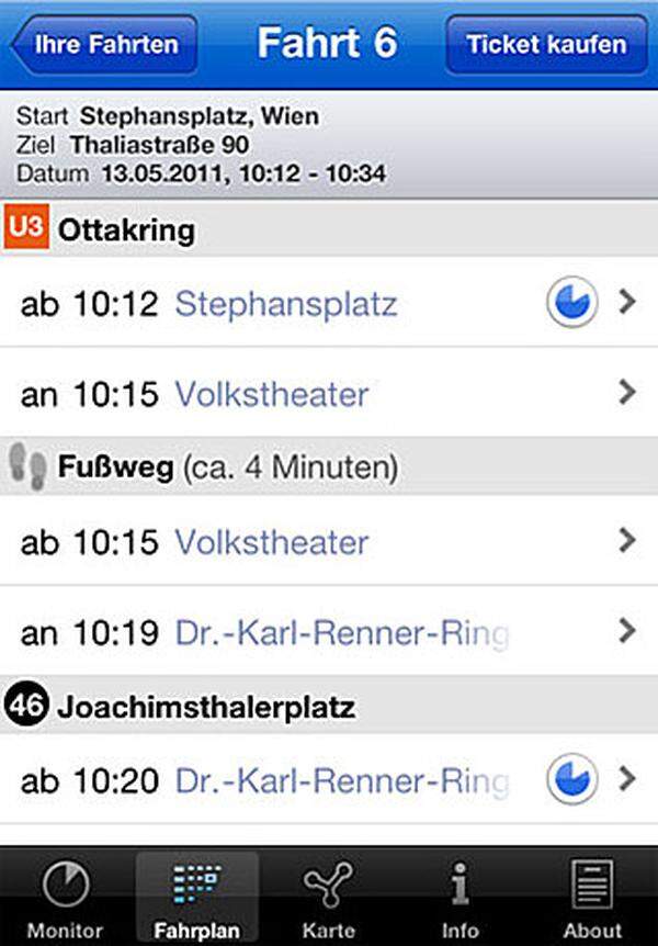 Hinter dem ungewöhnlichen Namen steckt die offizielle App der Wiener Linien. Damit lassen sich mit wenigen Handgriffen die schnellsten Verbindungen vom eigenen oder einem beliebigen Standort zu einem anderen Ort anzeigen. Außerdem gibt es die typische Minutenanzeige bis zur nächsten U-Bahn oder Bim direkt am iPhone und Fahrscheine können auch gekauft werden.