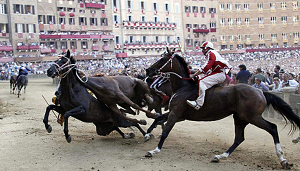Der Palio hat eine Jahrhunderte alte Tradition und ist ein spektakuläres Ereignis, bei dem die 17 - zumeist nach Tieren benannten - Stadtteile um den Sieg rittern.