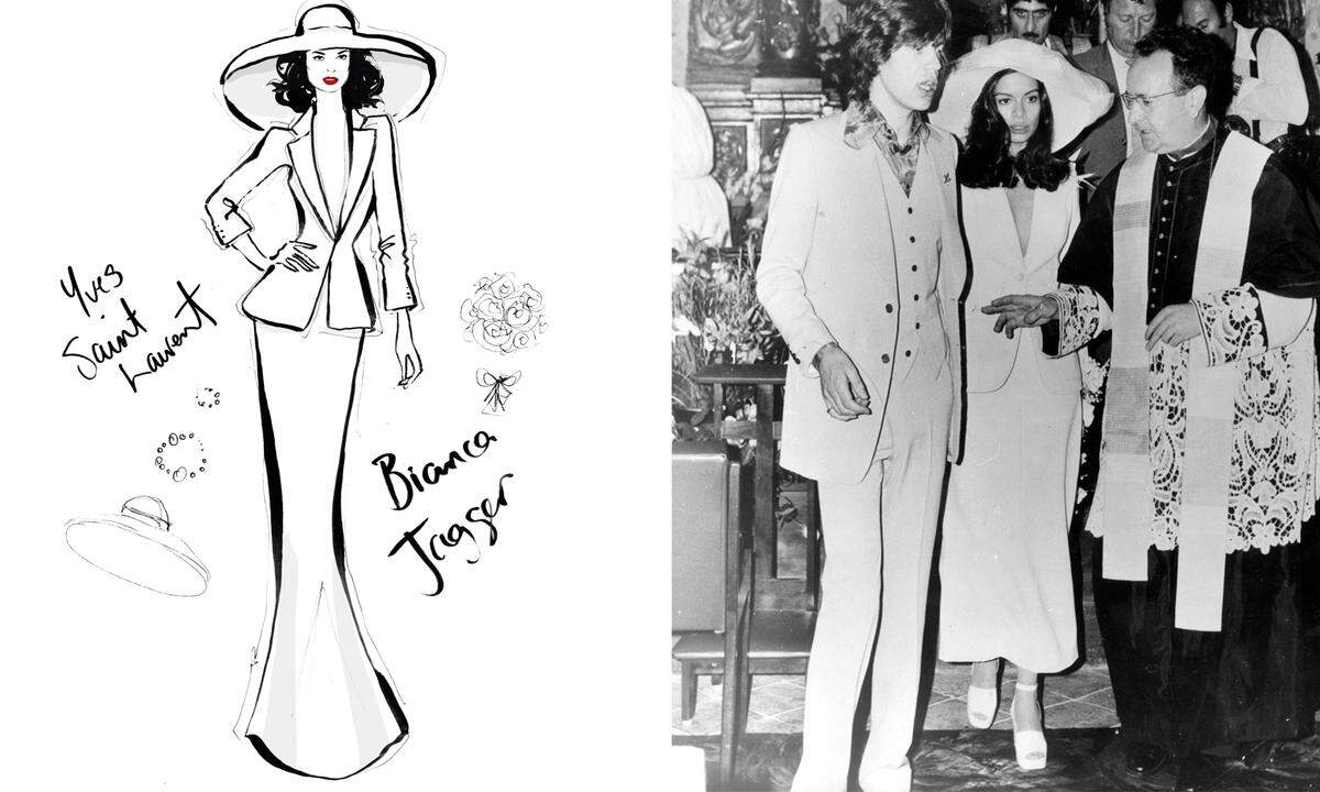 Eine dieser Stilikonen ist auch Bianca Jagger, die zu ihrer Hochzeit mit Mick Jagger 1971 einen langen Rock und eine Smoking-Jacke von Yves Saint Laurent trug.