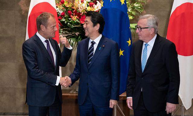 Japanese Prime Minister Shinzo Abe meets with European Commission President Jean-Claude Juncker and European Council President Donald Tusk at the Japanese Prime Minister office in Tokyo