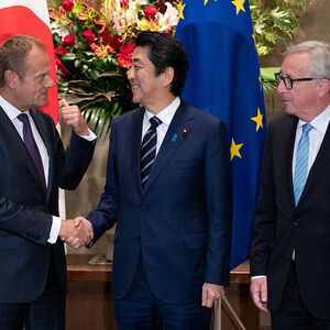 Japanese Prime Minister Shinzo Abe meets with European Commission President Jean-Claude Juncker and European Council President Donald Tusk at the Japanese Prime Minister office in Tokyo