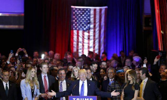 Republican U.S. presidential candidate Donald Trump speaks during his five state primary night event in New York City