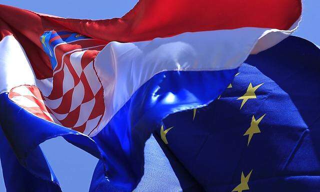 The European Union and Croatian flag is seen in Zagreb's downtown