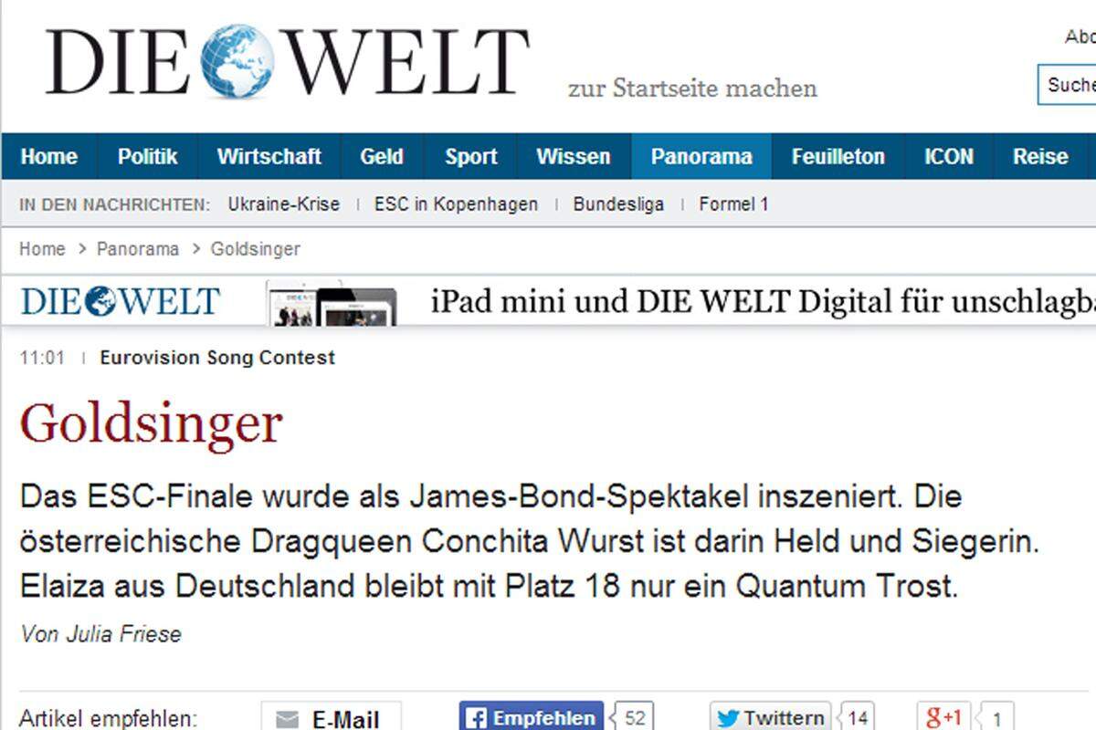 "Am Ende gewinnt eine Wurst - oder ein Wurst. Wie auch immer: die bärtige Dragqueen Conchita Wurst aus Österreich. War ja klar, könnte man meinen."Zum Artikel