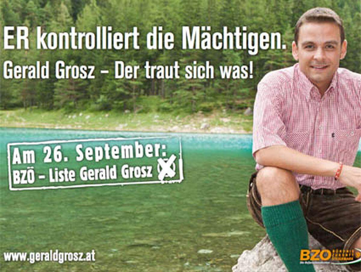 BZÖ-Spitzenkandidat Gerald Grosz präsentiert sich auf den Plakaten heimatverbunden vor einem Winzerhaus mit Kruzifix, vor dem Grünen See und in einer Birkenalle. Die dazu passenden Sprüche: "Er räumt auf", "Er kontrolliert die Mächtigen" und "Er geht den geraden Weg".Im Wahlkampf fordert das Bündnis unter anderen die Stärkung des Klein- und Mittelstandes, eine Verbesserung des Gesundheitssystems und die Abschiebung krimineller Asylwerber.