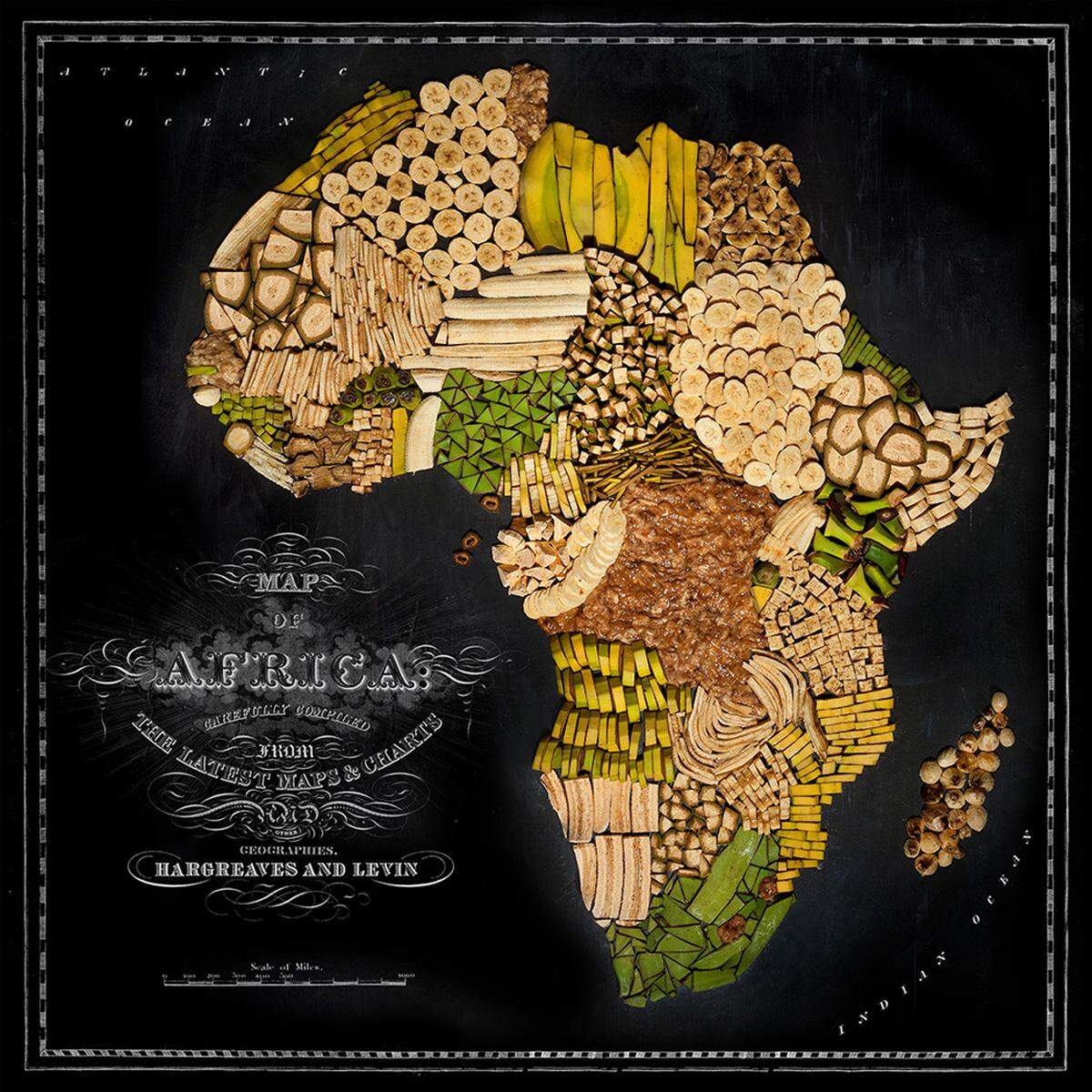 "Die Landkarten zeigen, wie Essen den Globus bereist hat - wie es die Ort verändert hat und Teil der kulturellen Identität wurde", erklärt der Künstler. Afrika wurde mit Bananen nachgebaut.