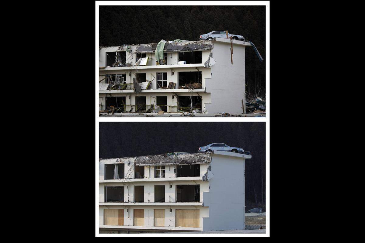 Ein Haus in Miyagi am 22. März 2011 (oben) und am 21. Februar 2012.