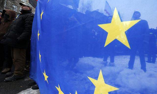 Pro-European integration protestors are seen through a EU flag during a rally near Interior Ministry headquarters in Kiev