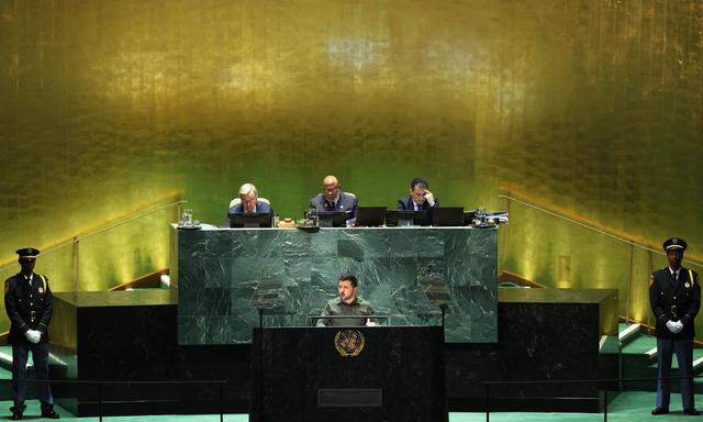 Wolodymyr Selenskij in seinem ersten Live-Auftritt vor dem UN-Forum in New York seit dem Kriegsbeginn.