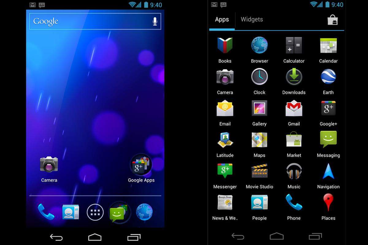 Die neue Optik setzt vor allem auf die Farbe blau. Statt vier Tasten (Home, Menü, Zurück, Suchen), gibt es jetzt nur noch drei. Diese sind beim neuen Vorzeigegerät Galaxy Nexus überhaupt nur noch virtuell. Benötigt eine App den ganzen Schirm, kann sie die Buttons ausblenden. Anwendungen lassen sich zu Ordnern auf dem Home-Screen zusammenfassen. Die für sie wichtigsten Funktionen können Nutzer als vier Schnellstart-Icons fixieren. Die Listen für Apps und Widgets werden, wie von Honeycomb bekannt, in einer separaten Auswahl angezeigt.