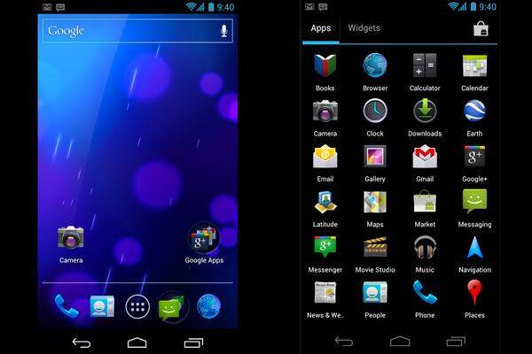 Die neue Optik setzt vor allem auf die Farbe blau. Statt vier Tasten (Home, Menü, Zurück, Suchen), gibt es jetzt nur noch drei. Diese sind beim neuen Vorzeigegerät Galaxy Nexus überhaupt nur noch virtuell. Benötigt eine App den ganzen Schirm, kann sie die Buttons ausblenden. Anwendungen lassen sich zu Ordnern auf dem Home-Screen zusammenfassen. Die für sie wichtigsten Funktionen können Nutzer als vier Schnellstart-Icons fixieren. Die Listen für Apps und Widgets werden, wie von Honeycomb bekannt, in einer separaten Auswahl angezeigt.