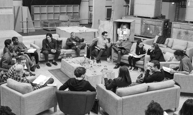 Publicity photo of cast reading for 'Star Wars: Episode VII' in Buckinghamshire