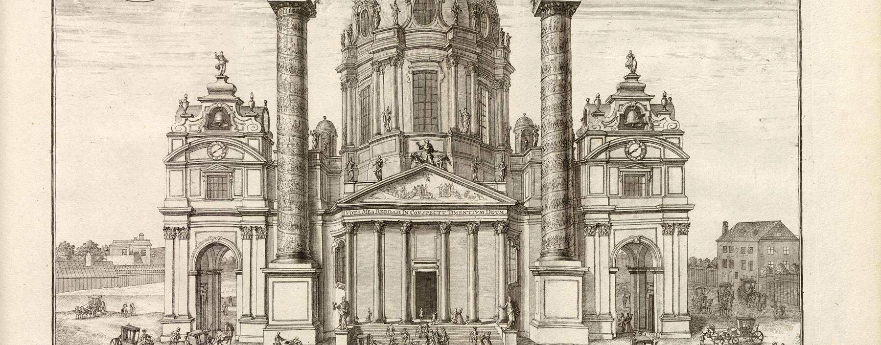  Ein Gotteshaus mit Tempelfront und Säulen nach antikem Vorbild: Fischer von Erlachs Karlskirche in Wien in einer Illustration des 18. Jahrhunderts.