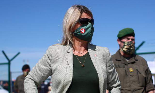 Austrian Defense Minister Klaudia Tanner is seen ahead of an exercise to prevent migrants from crossing the Austrian border from Hungary in Nickelsdorf