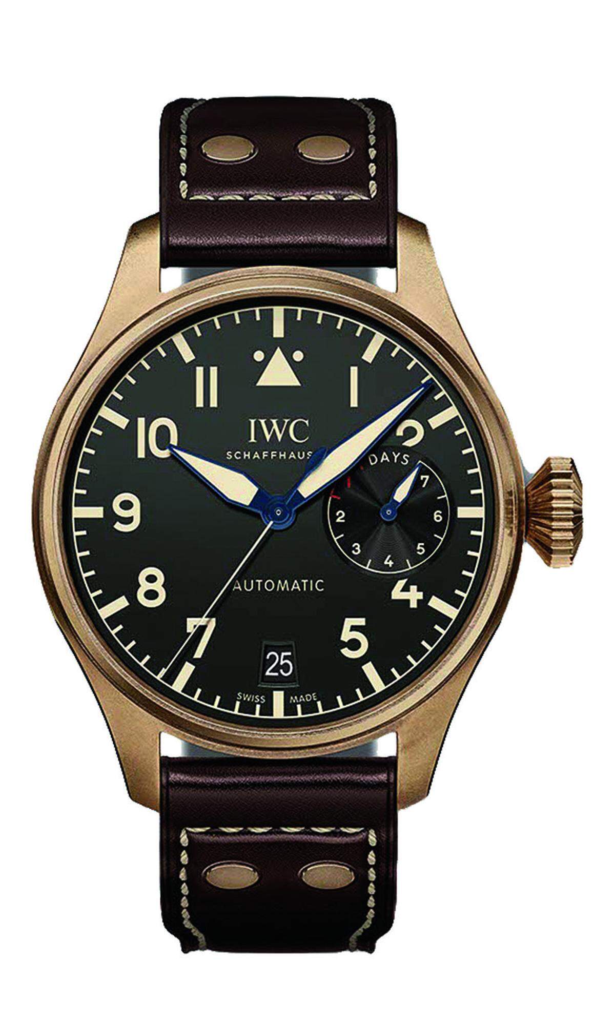 Die deutsche Firma Laco geht diesbezüglich noch weiter: Ihr Modell „Dortmund Bronze“, eine Fliegeruhr, deren Design auf einer Beobachtungsuhr aus dem Zweiten Weltkrieg basiert, wird Stück für Stück künstlich gealtert.  IWC, „Pilot’s Watch Heritage“. ­Limitierte Bronzeuhr im Retrodesign der historischen „Großen Fliegeruhr“ aus den 1940er-Jahren.