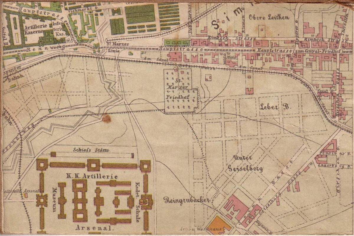 Plan des Areals um den St.Marxer Friedhof aus dem Jahr 1888 - Damals befand sich der Friedhof in beinahe unbebautem Gebiet.