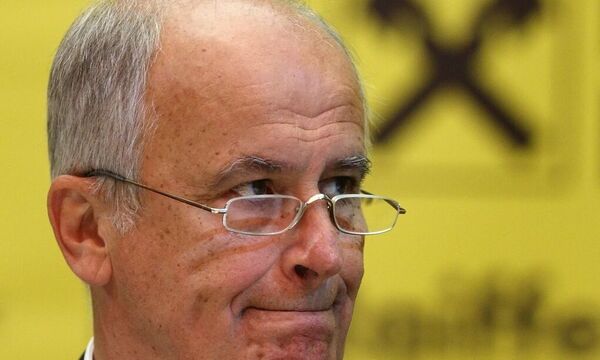 Raiffeisen Bank International Chief Executive Sevelda addresses a news conference in Vienna