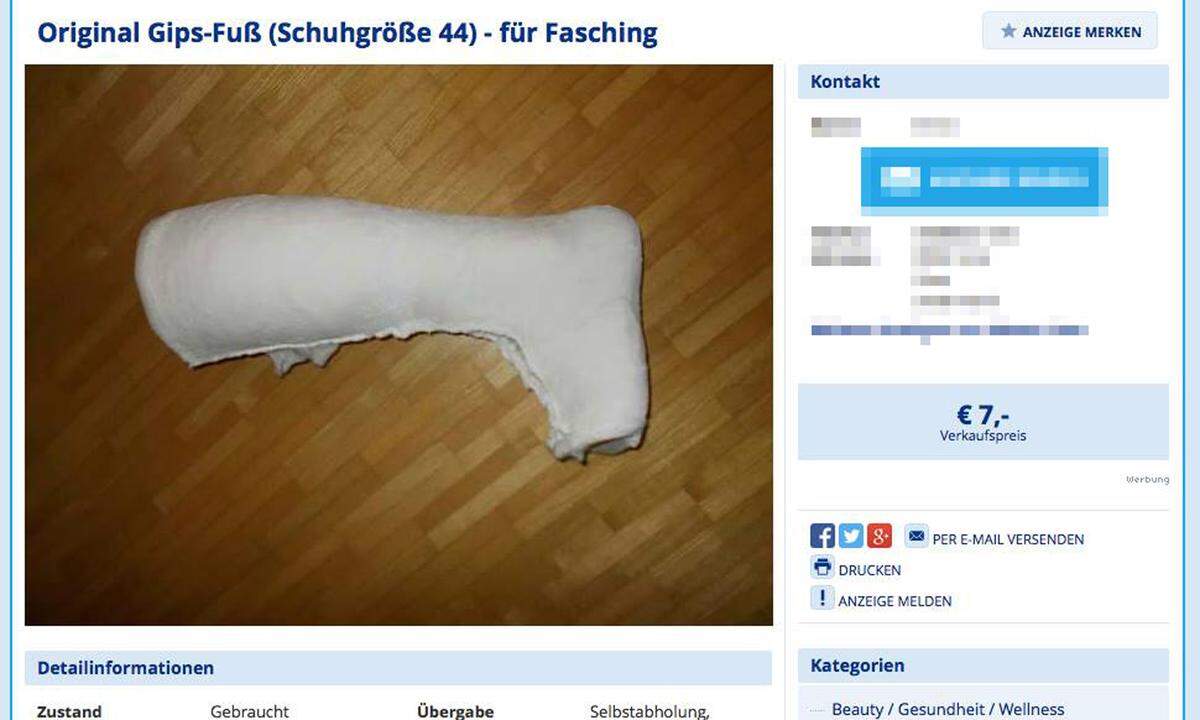 Deutlich günstiger ist dann dieses "Unikat". Für nur sieben Euro kann man auf Willhaben diesen Original-Gipsfuß in der Schuhgröße 44 erstehen.