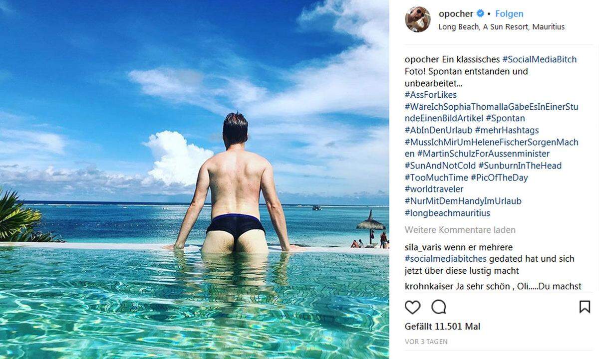 "WäreIchSophiaThomallaGäbeEsInEinerStundeEinenBildArtikel", hashtaggt der deutsche Comedian Oliver Pocher und zeigt ein Bild seiner auf Mauritius weilenden Kehrseite - "spontan entstanden und unbearbeitet". Damit stichelt Pocher gegen das beliebte Beach-Posing von Sophia Thomalla und anderer "Social Media Bitches". 