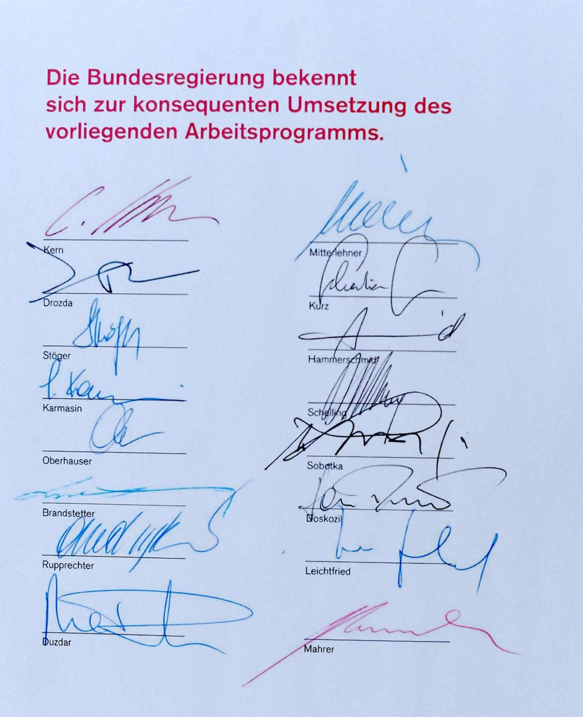 Das neue Arbeitsprogramm der Koalition trägt die Unterschriften aller 16 Regierungsmitglieder – auch jene von Innenminister Wolfgang Sobotka (VP), der damit gedroht hat, nur jenen Teil zu unterschreiben, der sein Ressort betrifft.