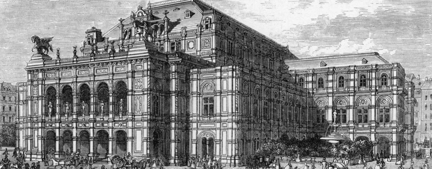 Auf der Wiegefläche der Geschichte: k. k. Hof-Operntheater, Holzstich, um 1869. 