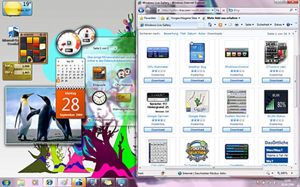 Die kleinen Programm-Schnipsel, die Wetter, Kalender und Nachrichten auf den Desktop bringen, waren unter Vista noch an ein "Gehege" am rechten Bildschirmrand gebunden, der "Sidebar". Diese Widgets können nun frei am Desktop platziert werden. Ab Werk verfügbar sind neun Widgets wie ein RSS-Reader für Nachrichten, eine Wettervorschau, eine Uhr, ein Kalender, eine Diashow und ein Spiel. Im Internet gibt es weitere Minianwendungen.