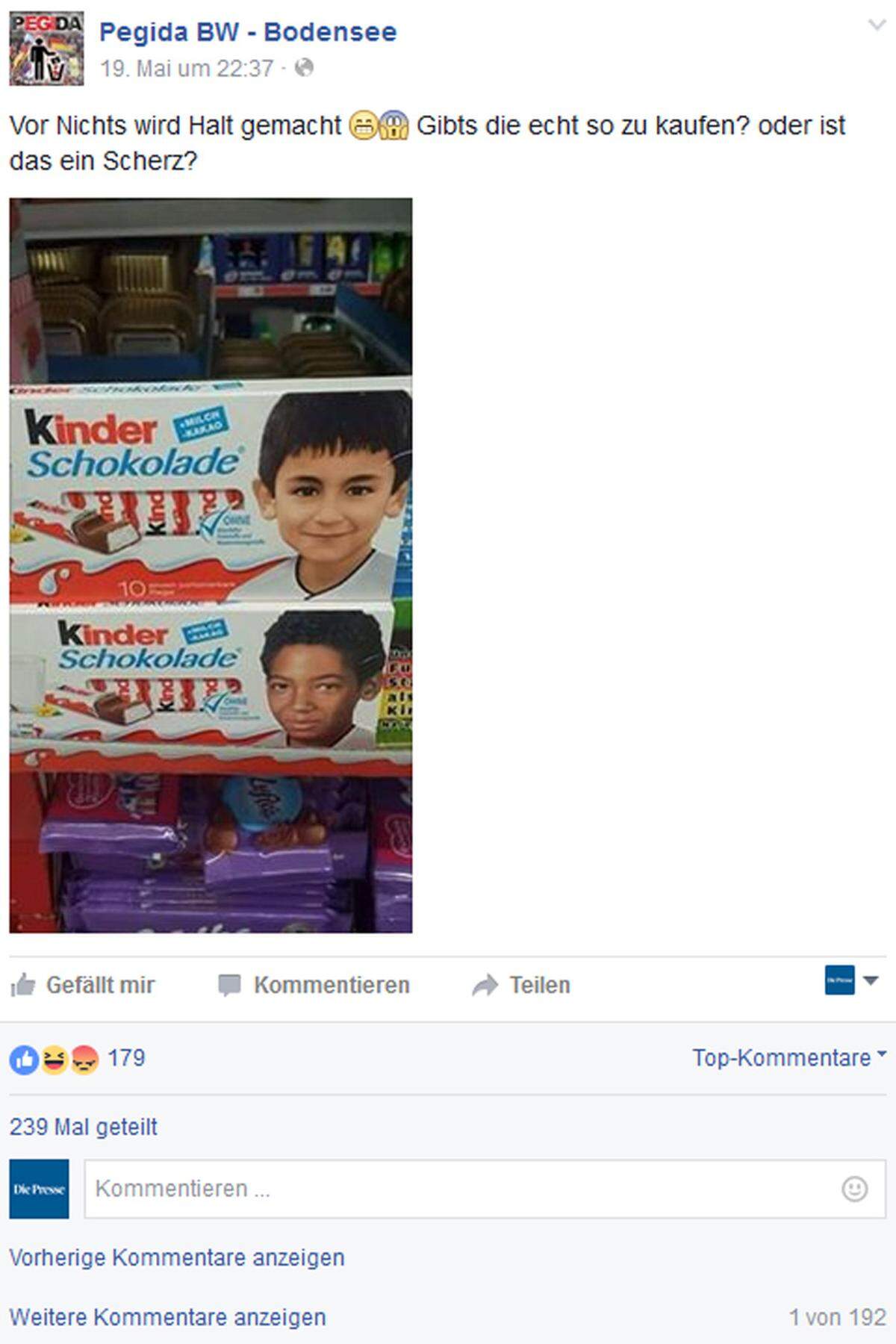 Nein, ein Scherz ist das nicht: Die Kinderschokolade, die die "Pegida BW - Bodensee" auf ihrer Facebook-Seite präsentiert, gibt es tatsächlich. Wütende Kommentare und Boykottdrohungen ließen nicht lange auf sich warten. Viele Anhänger fürchten, dass auf ihrer geliebten Kinderschokolade künftig nur noch "nicht-deutsche" Gesichter zu sehen sind. Der italienische Hersteller Ferrero distanzierte sich anlässlich der Reaktionen "ausdrücklich von jeglicher Form von Fremdenfeindlichkeit oder Diskriminierung". Übrigens: Ein kleines Detail hat die Pegida-Gruppe (sicher ganz ohne böse Absicht) unterschlagen. Auf den Packungen sind Kinderfotos deutscher Nationalspieler abgebildet, eine Sonderedition anlässlich der Fußball-EM. Ein Facebook-User klärt auf: "Es handelt sich hierbei um Boateng und Gündogan, die in Summe locker das 10-fache an Lohnsteuer hier zahlen wie die gesamte Kommentarspalte!" Bleibt noch eine Frage offen: Dürfen Pegida-Fans bei der EM zu Deutschland halten?