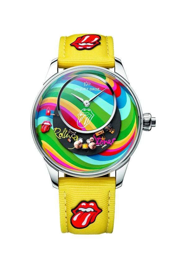 Jaquet Droz „The Rolling Stones Automaton“. Anlässlich des 60-Jahr-Jubiläums der Rolling Stones hat Jaquet Droz gemeinsam mit der Band eine Kollektion einzigartiger Stücke entworfen, darunter eine ­exklusive Version für Only Watch. Blickfang ist das weltberühmte Zungen-Logo der Gruppe.