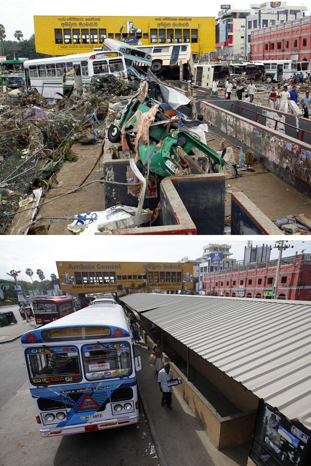 Der Ort Galle (Sri Lanka) am 27. Dezember 2004 (oben) und am 6. Oktober 2009.