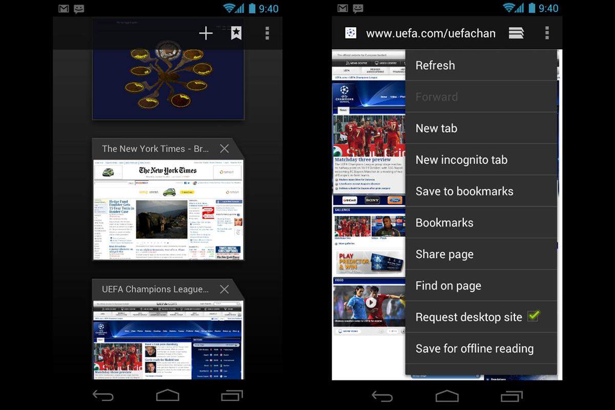 Der Android Browser wurde auch umgestaltet. So bietet er eine visuelle Tab-Übersicht und bietet neue Einstellmöglichkeiten. So können Websites fürs spätere Offline-Lesen gespeichert werden. Bookmarks können über das Google-Konto mit einem Chrome-Browser auf dem Desktop synchronisiert werden.