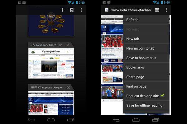 Der Android Browser wurde auch umgestaltet. So bietet er eine visuelle Tab-Übersicht und bietet neue Einstellmöglichkeiten. So können Websites fürs spätere Offline-Lesen gespeichert werden. Bookmarks können über das Google-Konto mit einem Chrome-Browser auf dem Desktop synchronisiert werden.