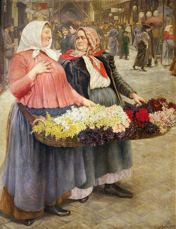 In der Ausstellung wird ein sozialhistorischer Blick auf das urwienerische Figurenensemble geworfen. Gezeigt wird auch das wahre Leben hinter den Kunstprodukten, das oft von Armut und großer körperlicher Belastung geprägt war."Blumenmädchen", 1903, Josef Engelhart Gemälde (c) Wien Museum