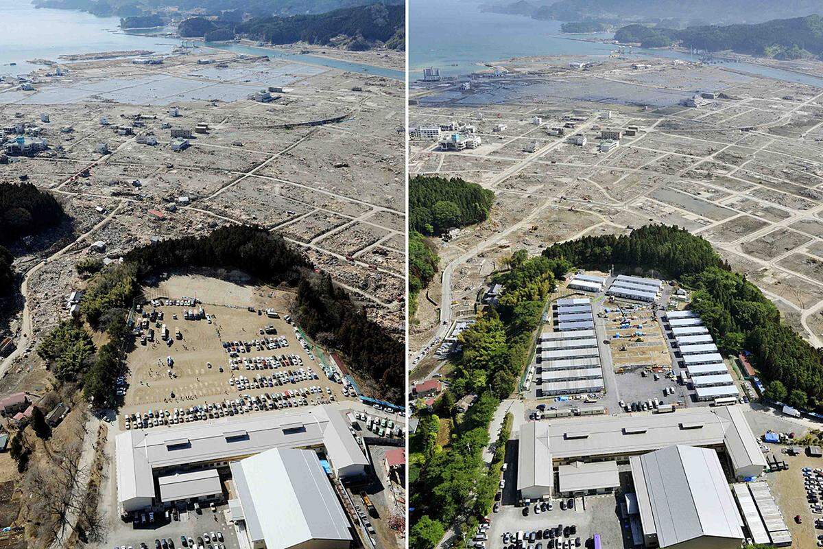 Ein Blick auf das, was von Rikuzentakata übrig geblieben ist. Im Vordergrund ist die Schule. Rechts sieht man die Notunterkünfte vor dem Schulgebäude.