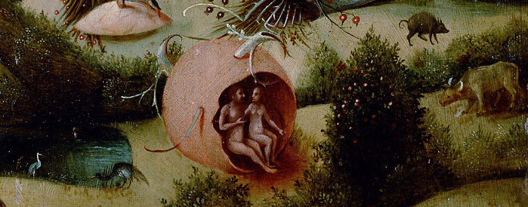 Sitzt das erste Paar in einem Ei? Kleine Tafel eines Nachahmers von Hieronymus Bosch, nach 1539. 