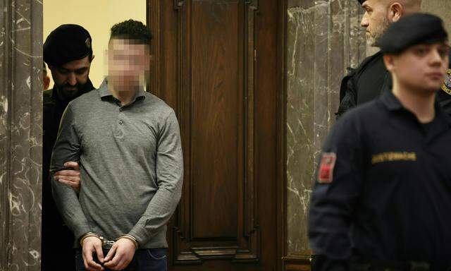 Einer der vier Anklagten wird beim Prozessauftakt in den großen Schwurgerichtssaal im Straflandesgericht Wien geführt.