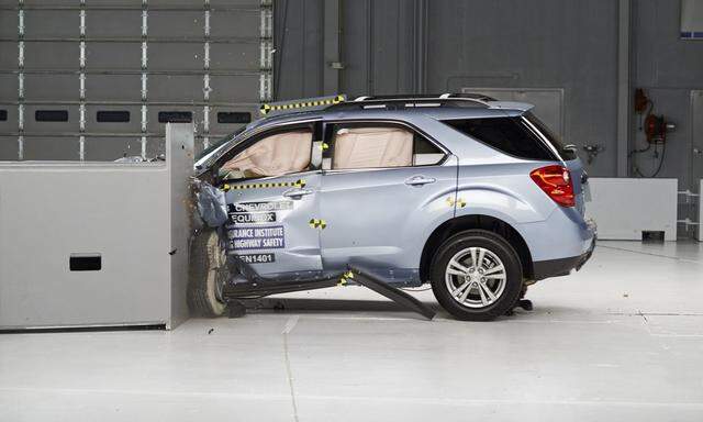 A 2014 Chevrolet Equinox is pictured during a crash test study conducted by the Insurance Institute for Highway Safety
