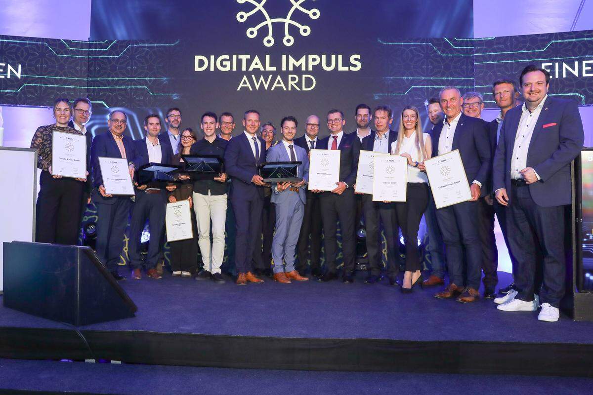 So sehen die strahlenden Sieger des sechsten Digital Impuls Award powered by „Die Presse“ und „Drei“ aus. 