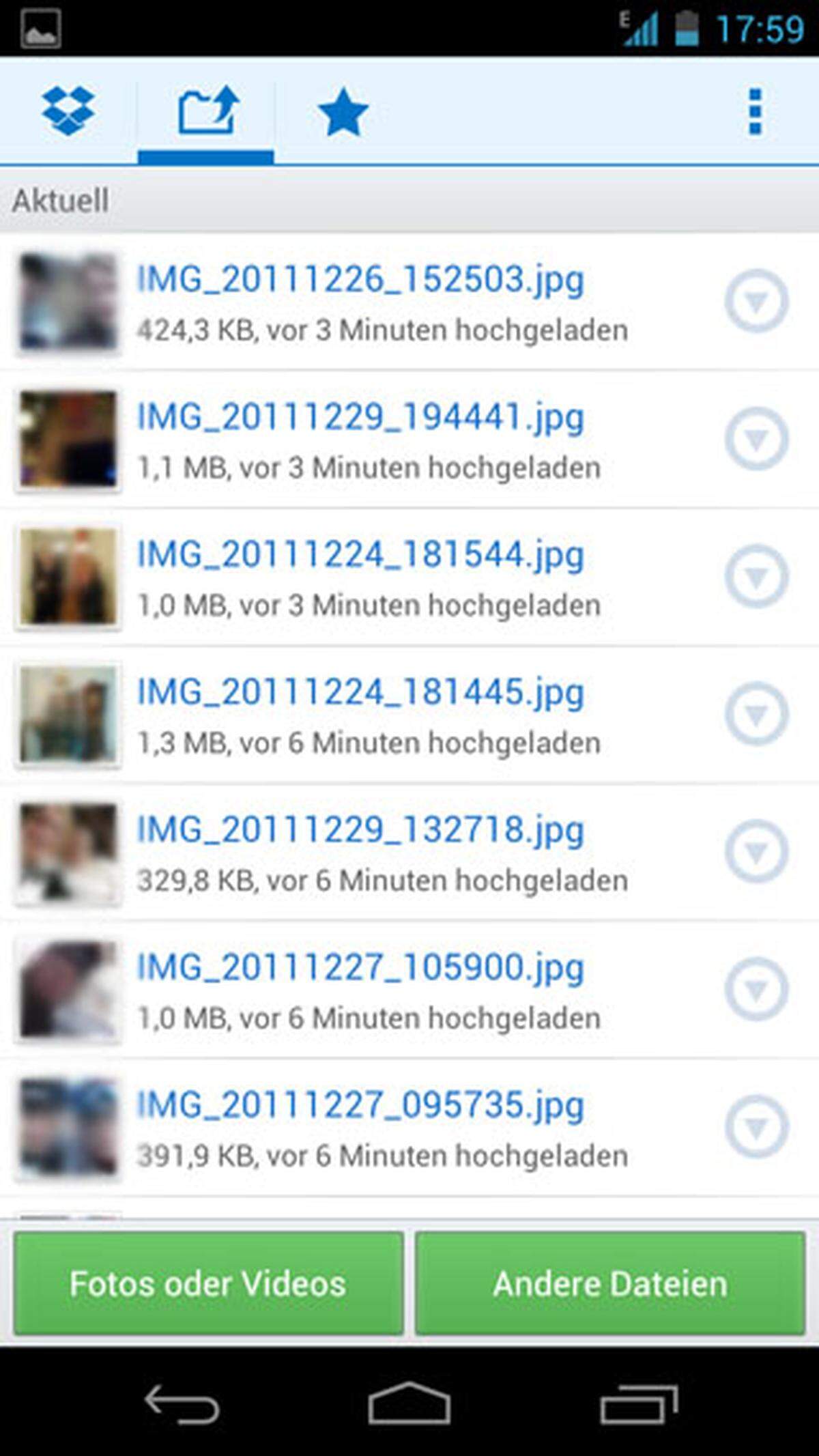 Dropbox ist mittlerweile ein Klassiker, wenn es darum geht, Bilder und andere Dateien vom Smartphone auf ein anderes Gerät oder umgekehrt zu transferieren. Jede Datei, die hier in einen Ordner geladen wird, erscheint automatisch auf jedem anderen Gerät, auf dem der Nutzer das Programm installiert hat. Wie bei Evernote können Ordner auch gemeinsam genutzt werden.