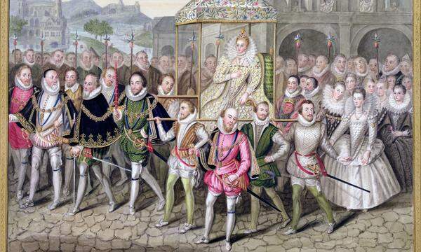 Elizabeth I. förderte nicht nur das Theater, sie wusste sich auch selbst zu inszenieren. Die Halskrause war eines der Markenzeichen der modebewussten Monarchin, hier mit ihrem Hofstaat bei einer Prozession in Sherborne Castle. 