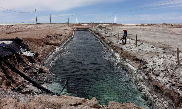 Deposits of  lithium brine are seen at the lithium pilot plant of Llipi at the Uyuni salt lake