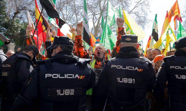 Polizeibeamte in Madrid bei den jüngsten Bauern-Protesten. 