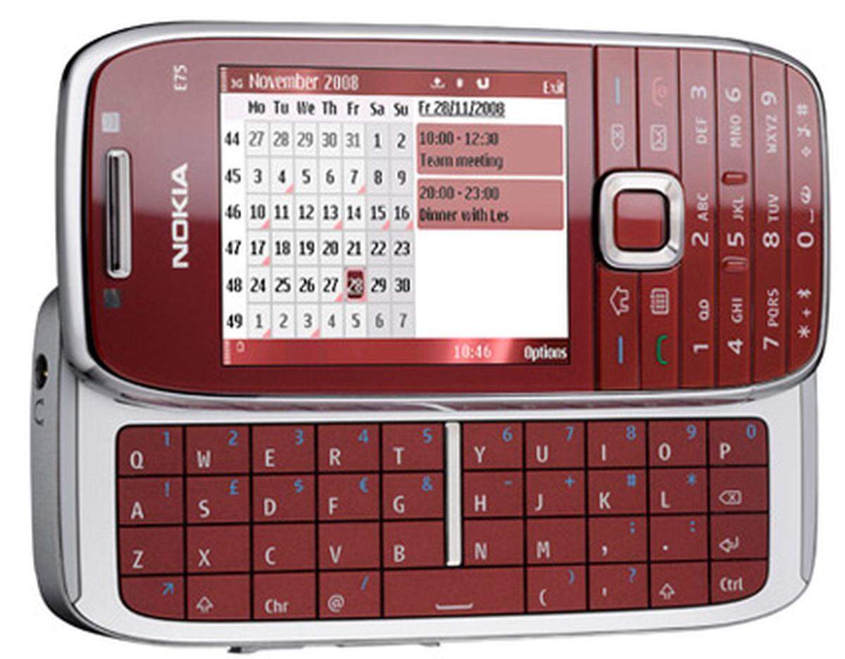 Mit integriertem Nokia Messaging und Schiebetastatur soll das E75 den Blackberrys Paroli bieten. Vorbestellungen will Nokia bereits am Tag der Präsentation, den 16. Februar, entgegen nehmen. Der Preis soll ohne Vertrag 375 Euro betragen.