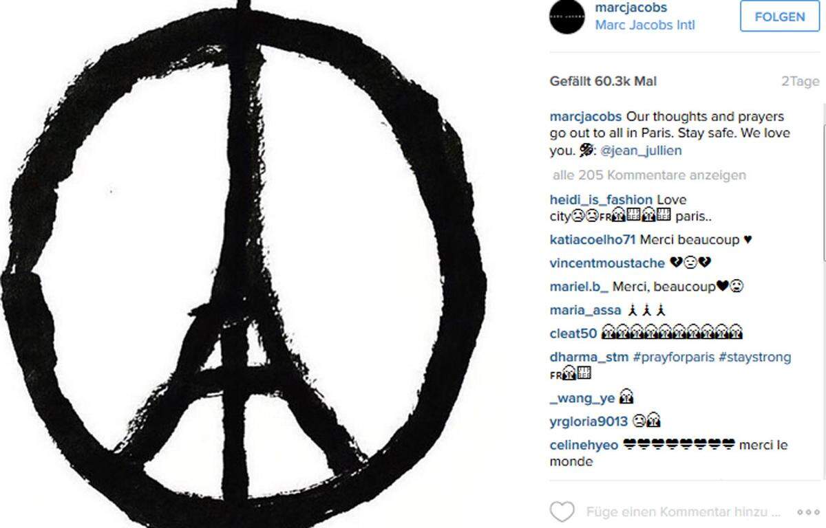 "Unser Gedanken und Gebete gehen hinaus nach Paris. Bleibt in Sicherheit. Wir liebe euch", ist auf dem Instagram-Account von Marc Jacobs zu lesen.