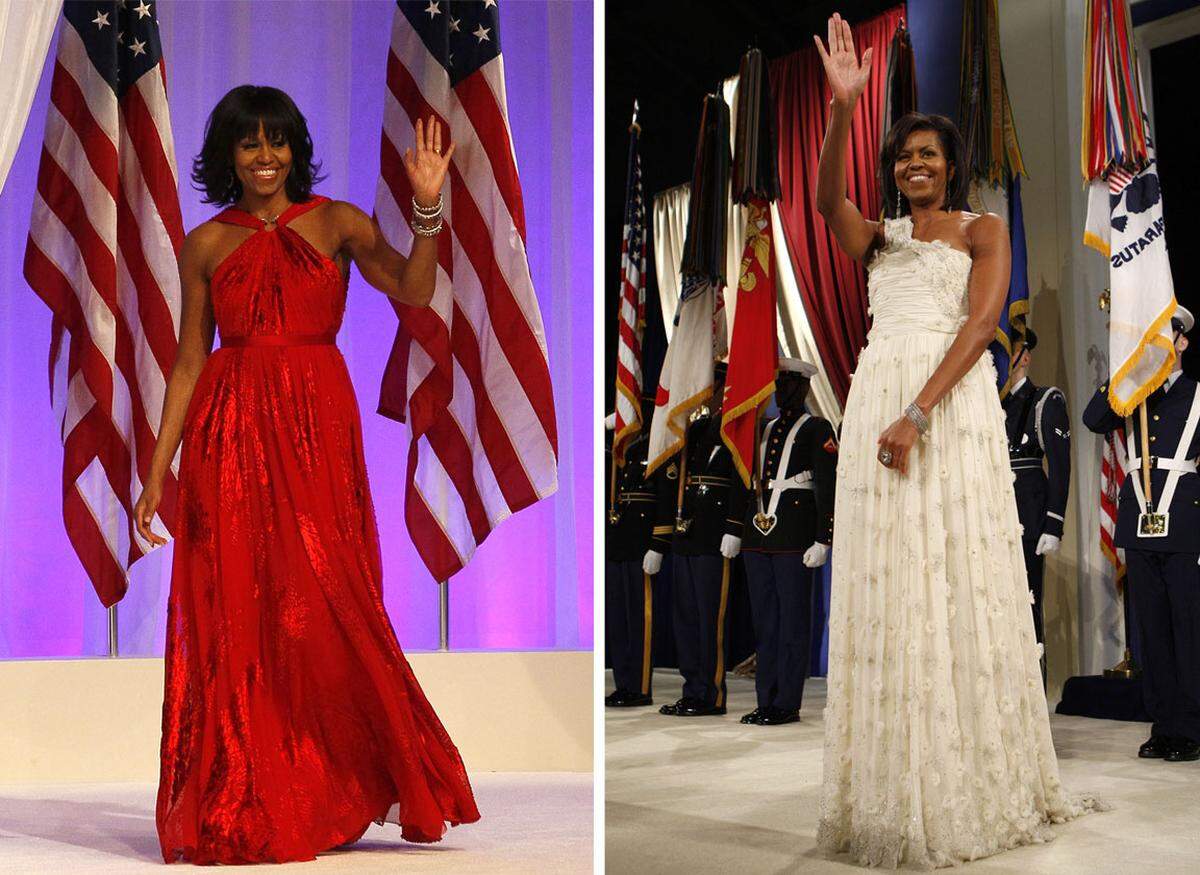 Nach der zweiten Vereidigung ihres Mannes erschien Michelle Obama in einer roten Robe zum Tanz. Wie schon bei der ersten Amtseinführung von US-Präsident Barack Obama schneiderte ihr Designer Jason Wu das Abendkleid auf den Leib.