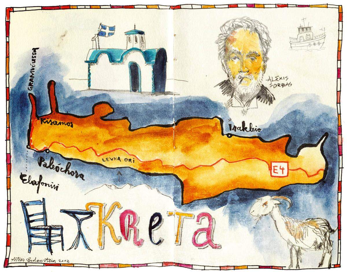Artur Bodenstein gestaltete bereits Karten für unterschiedliche Magazine, etwa die „Wienerin“. Oft illustriert er die inhaltlichen Aspekte von Reiseberichten. Wie in diesem Fall den Europäischen Weitwanderweg, der auch quer durch Kreta führt.