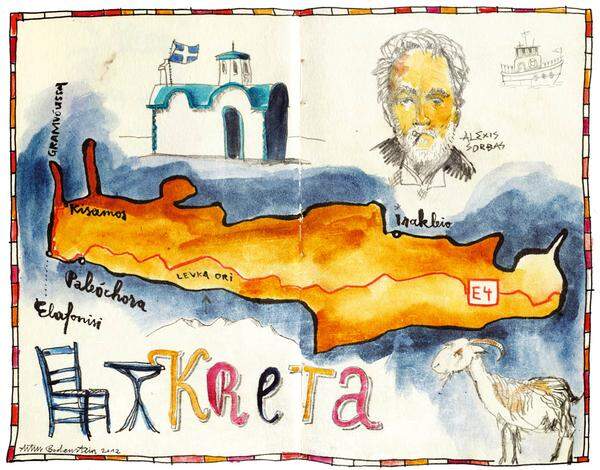 Artur Bodenstein gestaltete bereits Karten für unterschiedliche Magazine, etwa die „Wienerin“. Oft illustriert er die inhaltlichen Aspekte von Reiseberichten. Wie in diesem Fall den Europäischen Weitwanderweg, der auch quer durch Kreta führt.