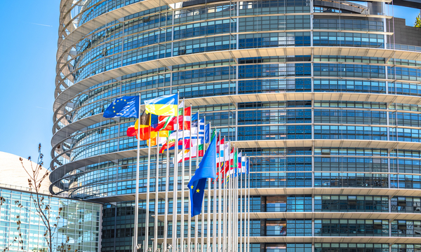 Flaggen der europäischen Länder vor dem Gebäude des Europäischen Parlaments