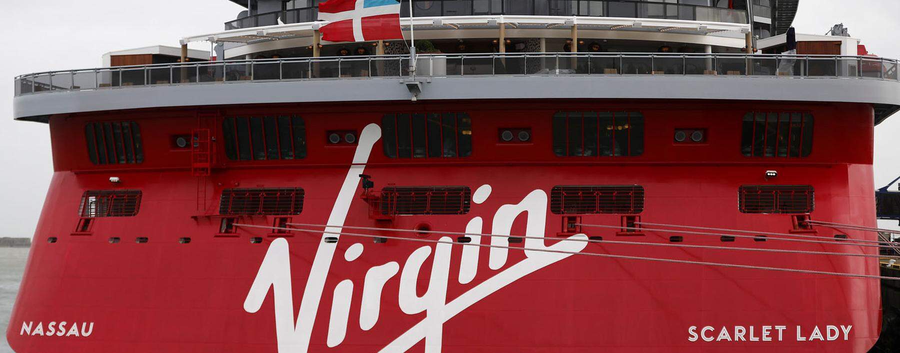 The Virgin Voyages Scarlet Lady cruise liner sits docked at Dover Port in Dover